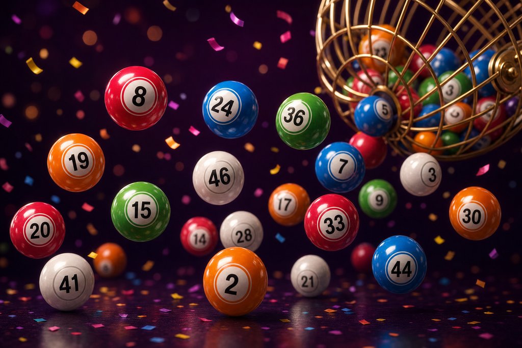 Bolas de bingo coloridas caindo de um globo dourado, com confete festivo ao fundo