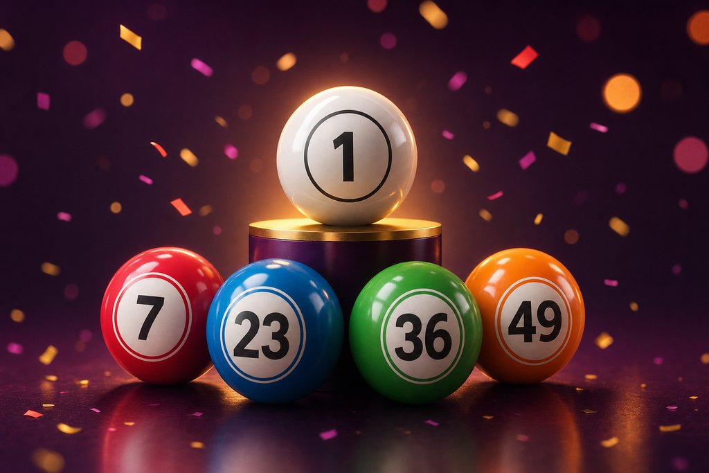 Bolas de bingo dispostas como um pódio de vencedores sobre superfície escura, com uma bola branca em destaque